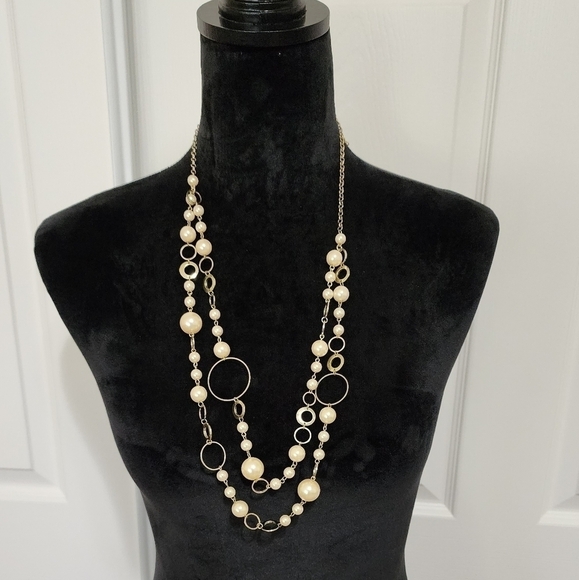 Gold Tone 2 Row Long Necklace with Pearl and Ring Accents - Picture 1 of 8
